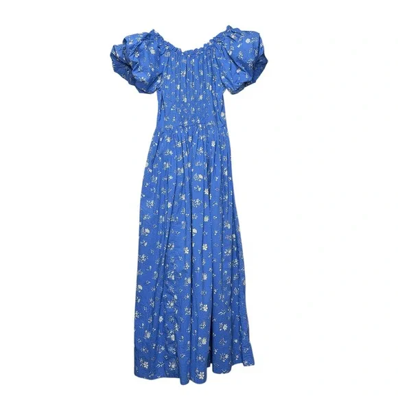 DOEN Deia Bouton de‎ Rose Blue Floral Smocked Puff Sleeve Midi Dress XS - Picture 4 of 7